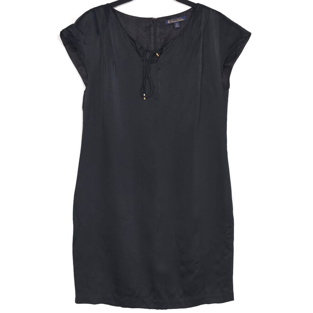 Brooks Brothers Black Satin 100% SILK Tunic Shift Dress Size 6 Bow Tassels Retro
